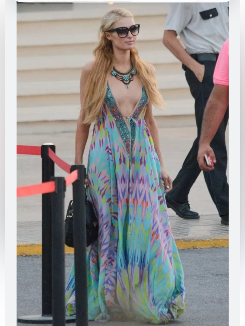 Camilla Turquoise Lavender Multicolor Plunging Maxi Dress seen on Paris Hilton